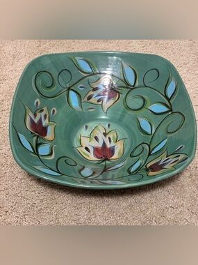 Vintage Southern Living at‎ Home Gail Pittman Floral Green Square Bowl GUC